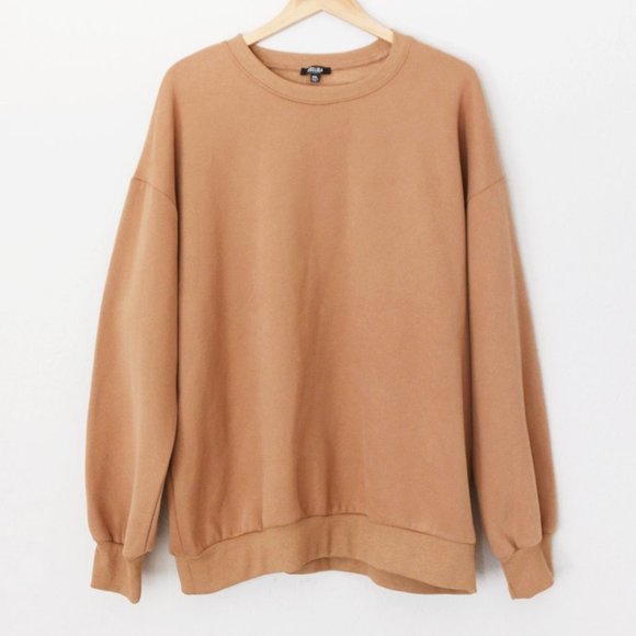 NEW Miss Lola Unisex XXL Cozy Feel Oversize Fleece Sweatshirt Pullover Tan Latte - Picture 3 of 13